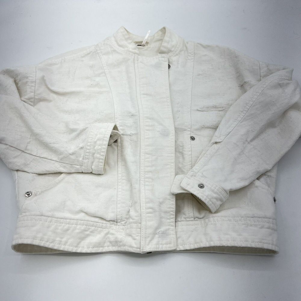 Free People White Tattered Tennis Jean Jacket Distressed Boxy Fit 100% Cotton XS